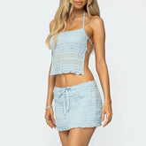 BXOXO Women Sexy 2 Piece Skirt Set Halter Backless Lettuce Tiered Tank Top Low Rise Lace Trim Mini Skirt Beach Outfits